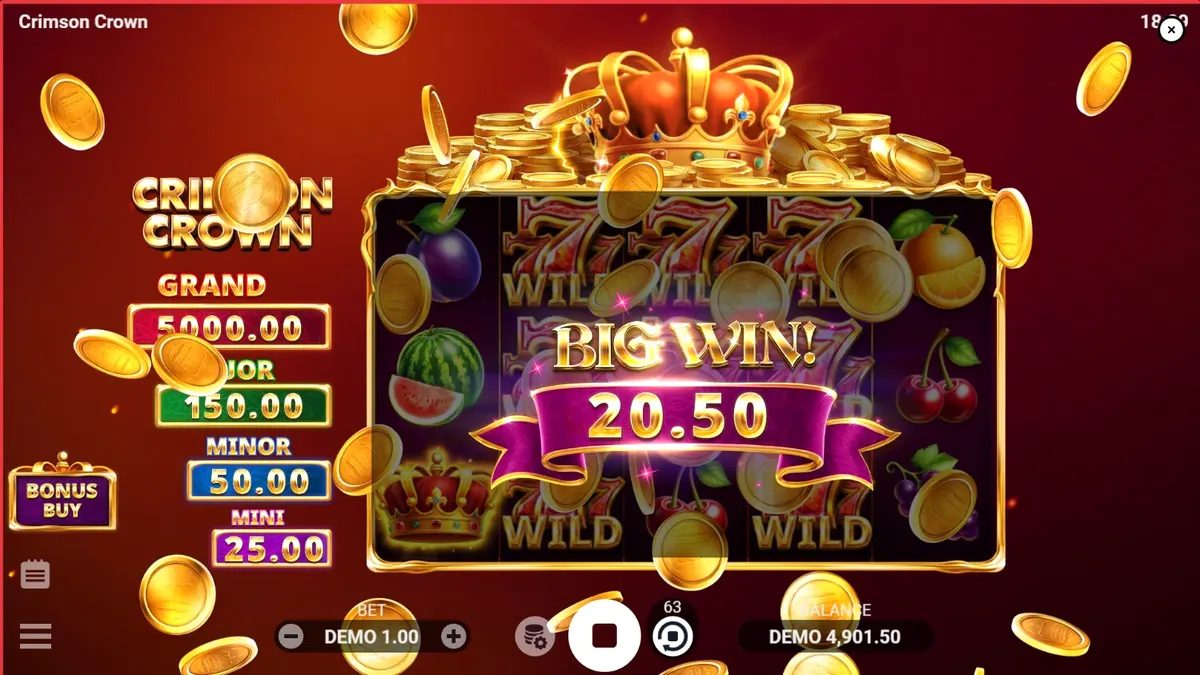 Tampilan visual slot Crimson Crown dengan tema buah mewah dan mahkota emas.