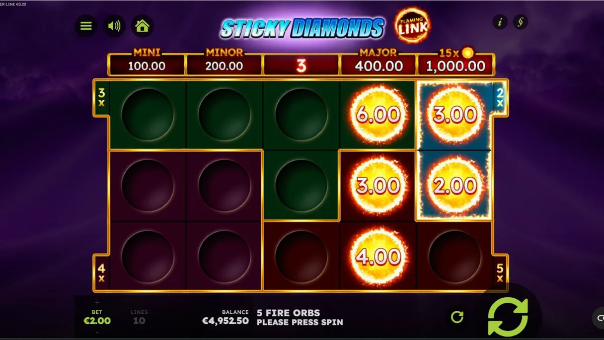 Tampilan layar permainan slot Sticky Diamonds Flaming Link dengan simbol permata dan latar belakang badai petir.